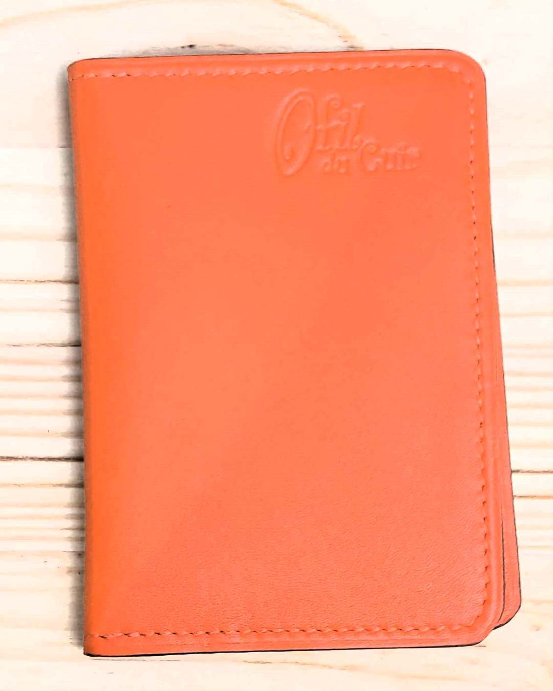 Porte cartes bancaire en cuir avec poche carte d'identité et billets en cuir orange
