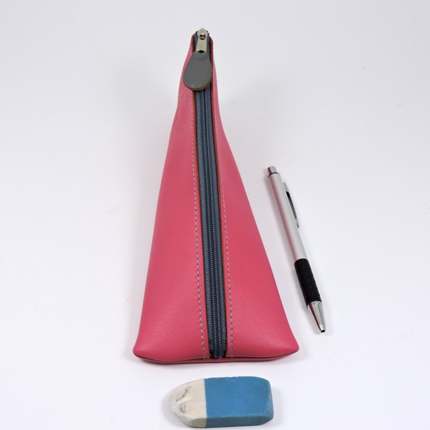 Trousse à stylos cuir rose - Petite maroquinerie made in France