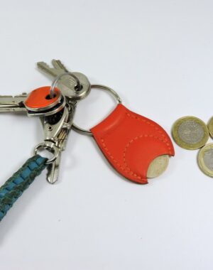 Porte clef cuir jeton caddie bois accessoire maroquinerie Lyon rouge orange