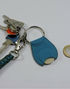 Porte clef cuir jeton caddie bois maroquinerie Lyon bleu turquoise