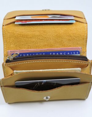 Porte monnaie cartes bancaires papier maroquinerie Lyon femme cuir camel accessoire