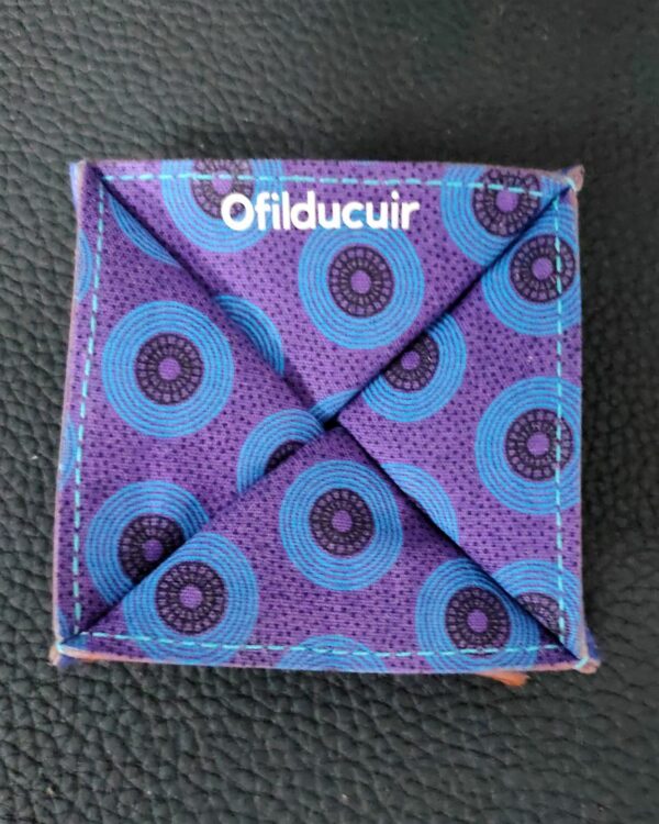 Porte monnaie origami en cuir bleu doublé tissu africain violet ofilducuir zoulou