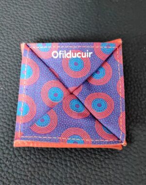 Porte monnaie origami en cuir brique doublé tissu africain disque violet ofilducuir zoulou