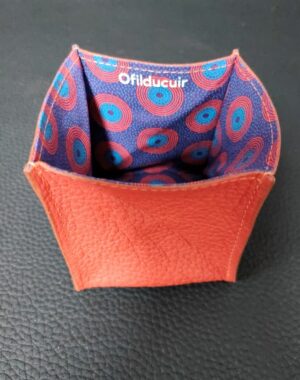 Porte monnaie origami en cuir brique doublé tissu africain violet ofilducuir zoulou