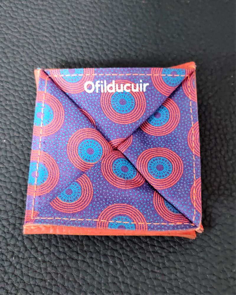 Porte monnaie origami en cuir brique doublé tissu africain disque violet ofilducuir zoulou