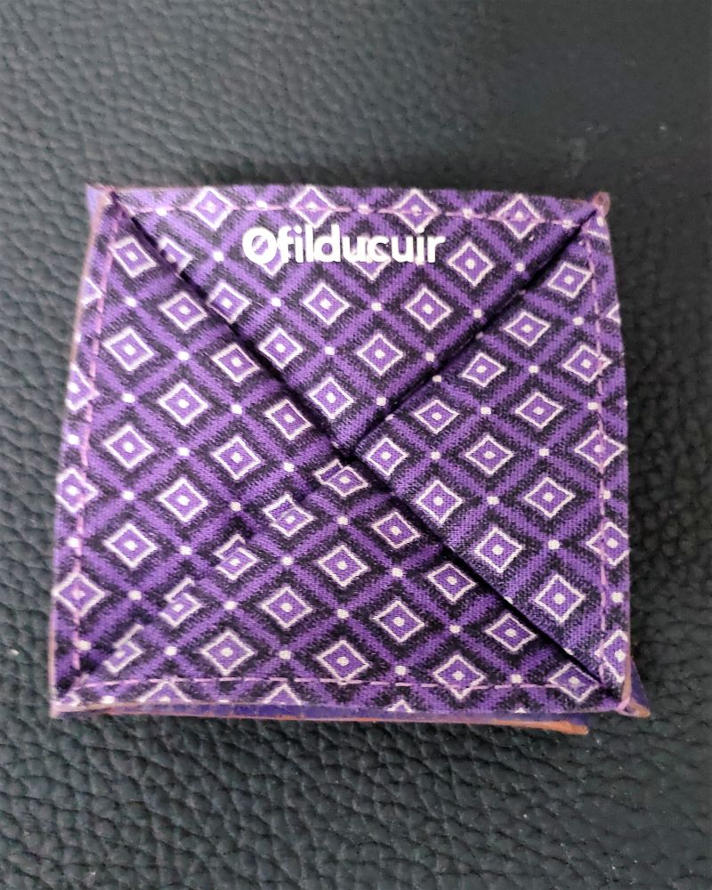 Porte monnaie origami en cuir violet doublé tissu africain ofilducuir zoulou