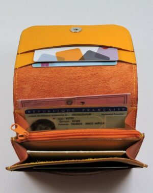 Porte monnaie cartes bancaires papier maroquinerie Lyon femme cuir orange accessoire
