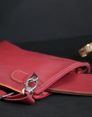 Sac main pochette cuir bordeaux orange