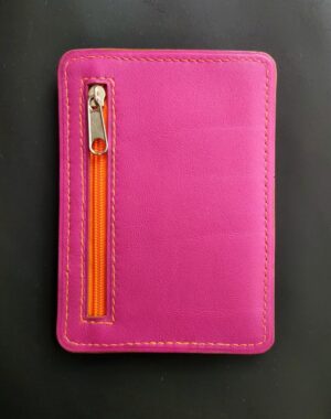 Porte cartes bancaire et carte d'identité en cuir fuchsia orange maroquinerie artisanale française Lyon