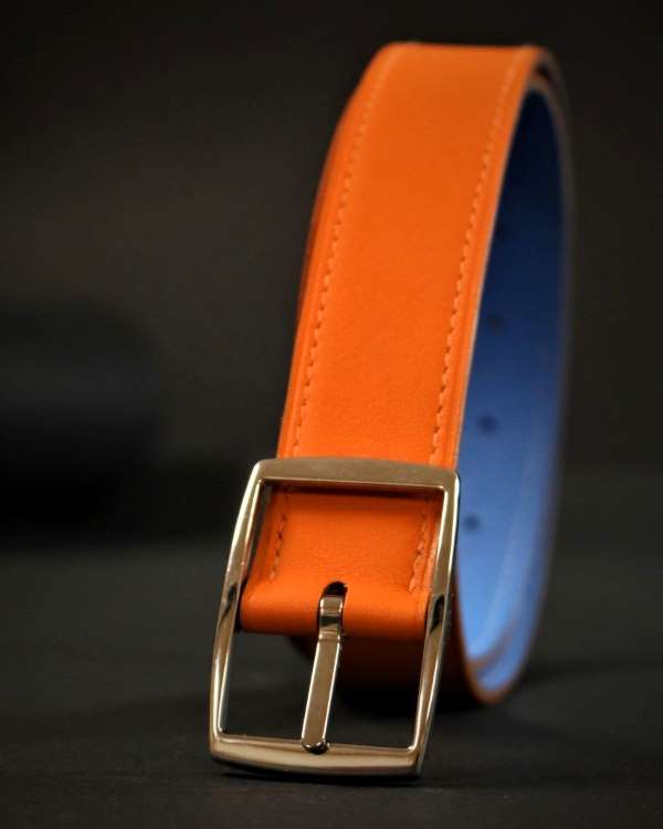 Ceinture personnalisée cuir orange réversible maroquinerie Lyon