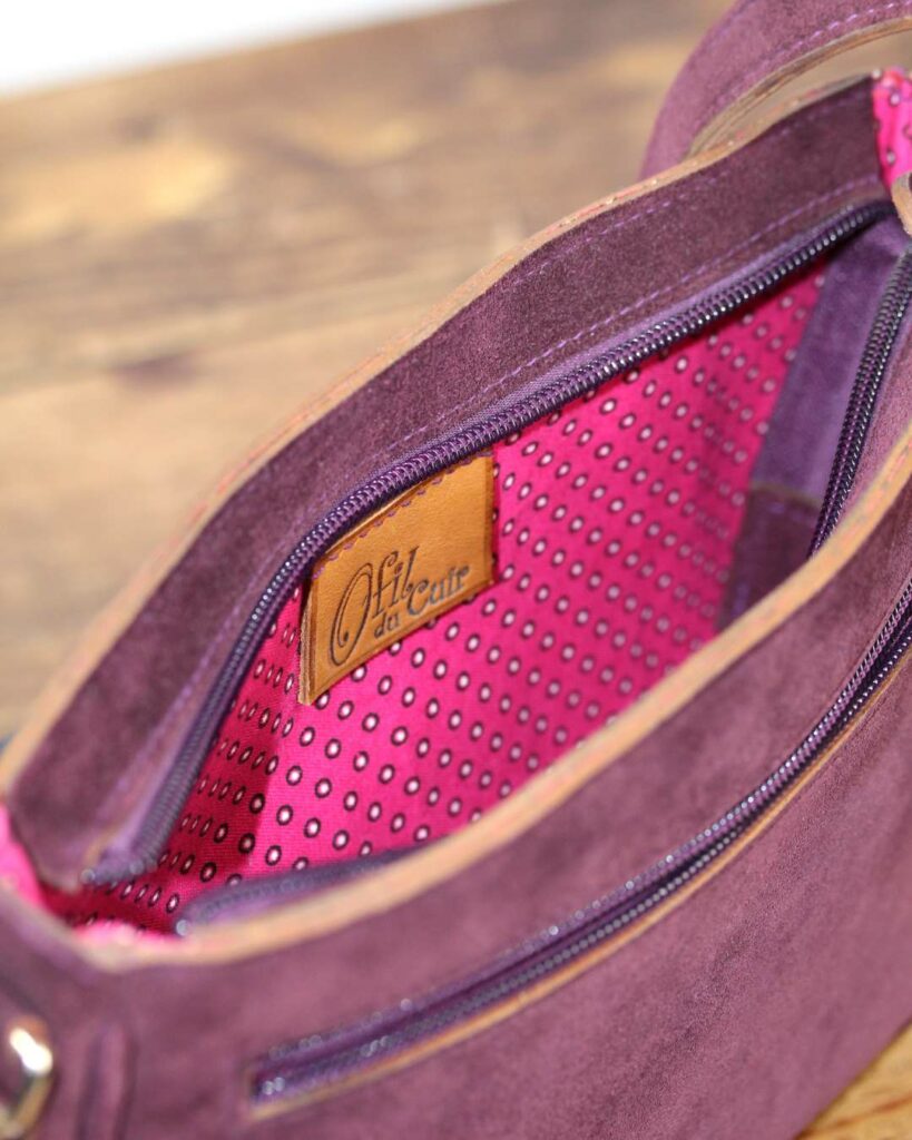 Petit sac épaule en cuir Lily doublé en tissu petits pois rose